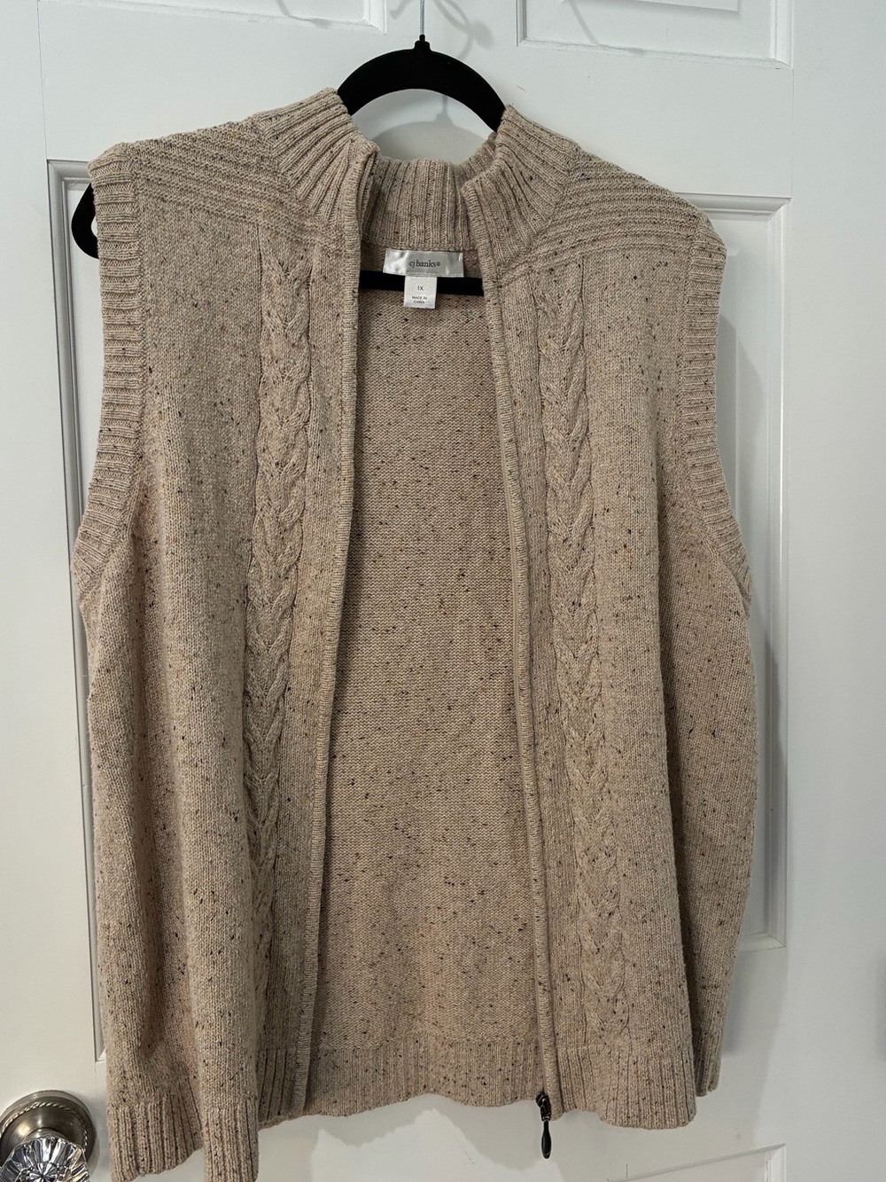CJ Banks Oatmeal, Cable-Knit, Zip Front Sweater Vest